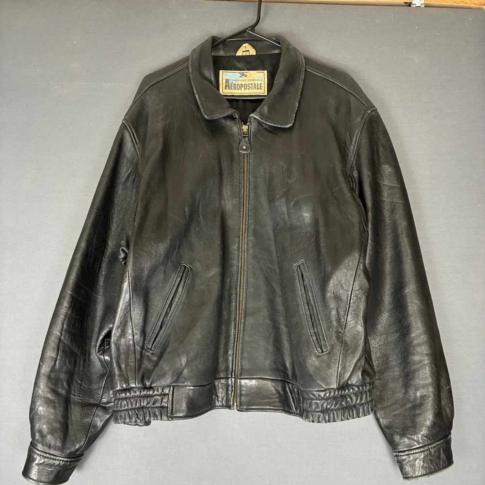 Vintage Aeropostale Black Distressed Leather Jacket Men's Size 46 Large